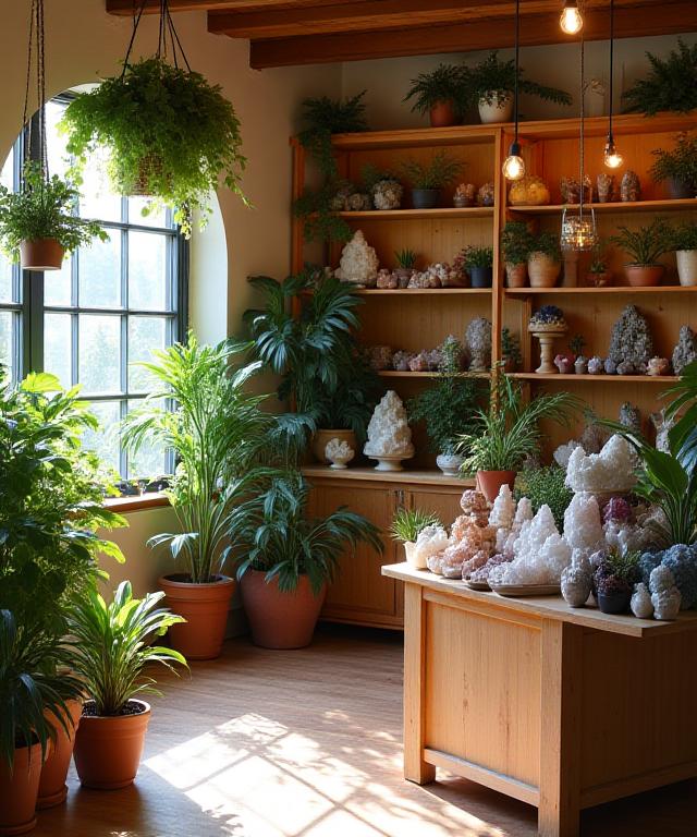 Interno del negozio Muschio e Quarzo con piante e cristalli.