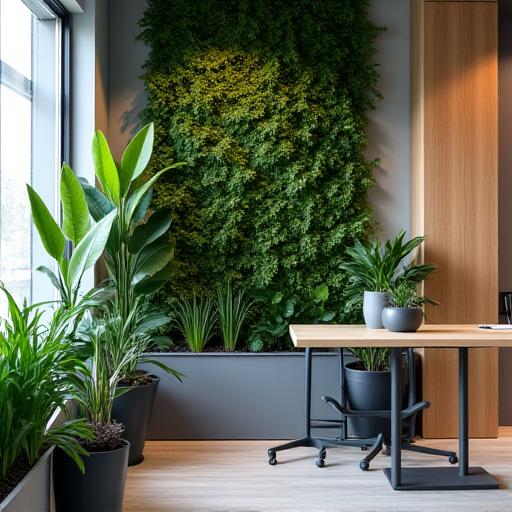 Angolo di un ufficio moderno con installazione di piante verdi.